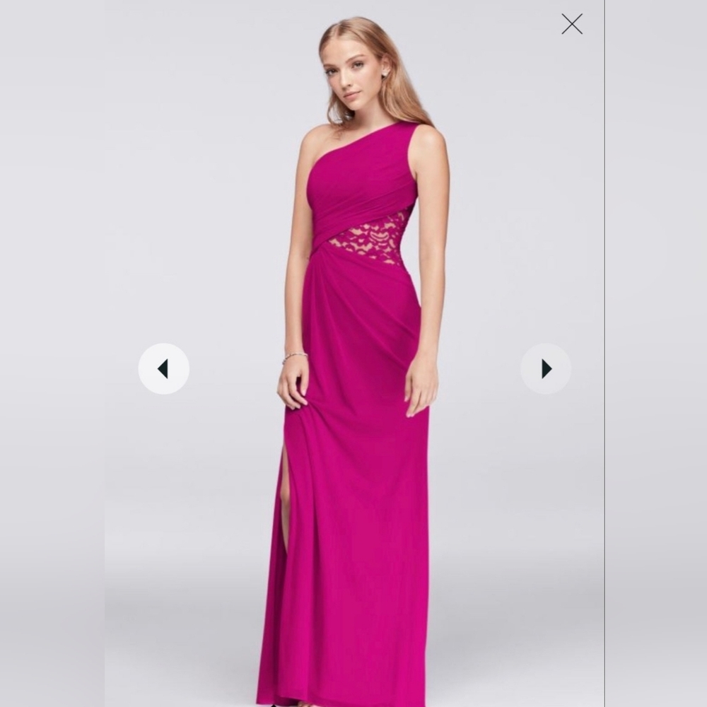 David's Bridal Begonia One Shoulder Hot Pink Bridesmaid Dress Mesh Lace Size 16